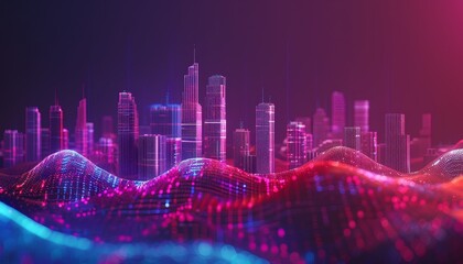 Wall Mural - A cityscape with buildings and a purple and blue background by AI generated image