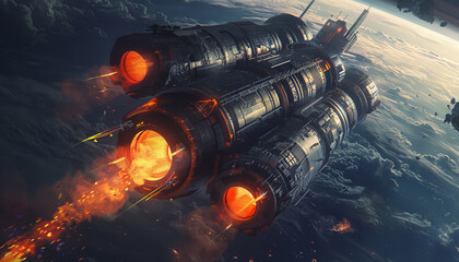 Sticker - a space ship with three rocket engines is flying through space by ai generated image