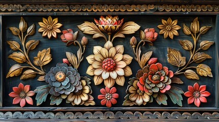 Wall Mural - Vibrant Thai Floral Motifs Adorning Traditional Wall Hangings