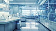 © InfinitiDesigns - Biotech lab interior with sleek surfaces and modern equipment, bright lighting