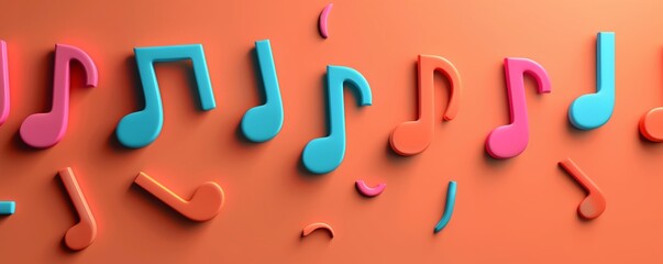 Wall Mural - Music notes in pink and blue on an orange background