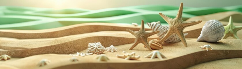 Wall Mural - Starfish and seashells scattered on a serene sandy beach with gentle waves in the background under a warm sunset.