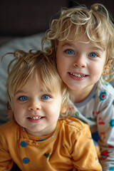 Wall Mural - Two young children are smiling and posing for a picture