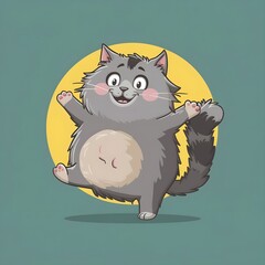 A fat cute fluffy Gray cat with a belly, funny, standing on 1 leg, cartoon style.