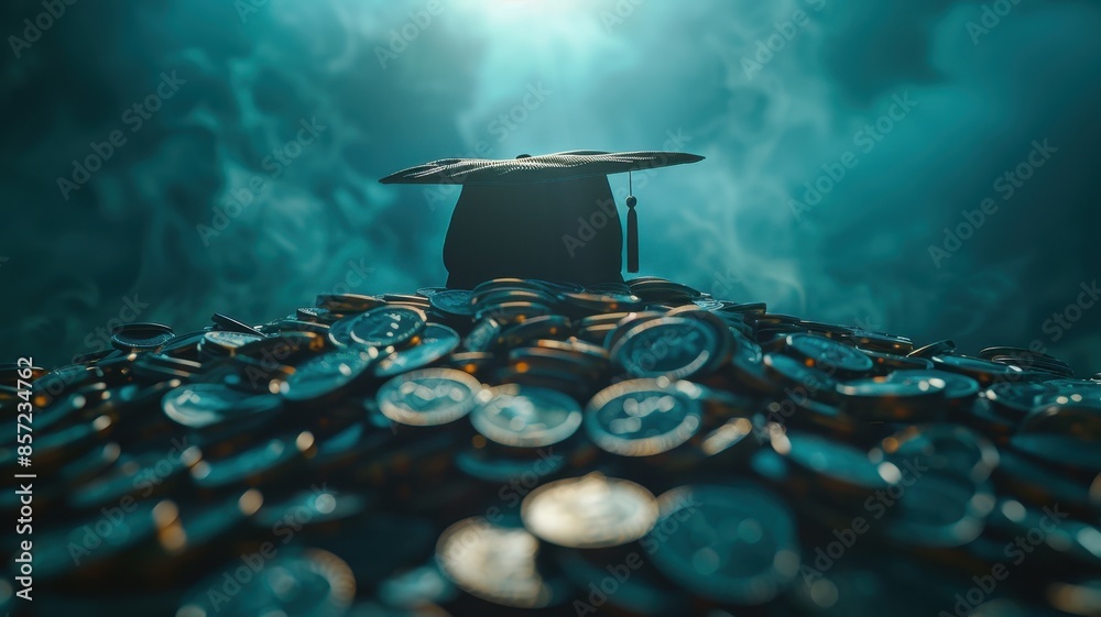 Graduation cap atop a mountain of coins representing the cost and value ...