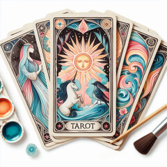 Wall Mural - watercolor illustration of magical tarot cards