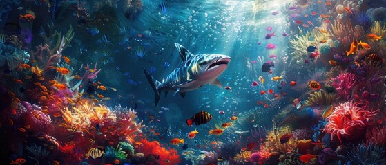 Wall Mural - Barracuda swimming through a vibrant underwater landscape