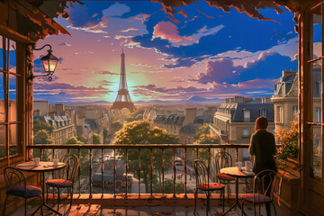 rear view of woman in a terrace looking at Eiffel Tower in Paris