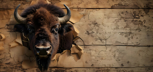 A bison peeking through a ripped hole