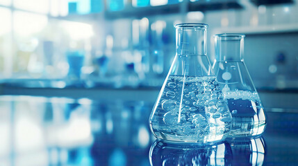 Water in a beaker and flask glass detailed and realistic set against a blue science laboratory background bright and clean environment high-definition 