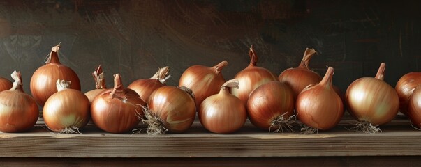 Fresh brown onions arranged in a row on a wooden table, rustic setting. Culinary and ingredient concept
