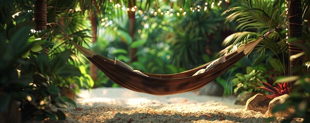 Wall Mural - Peaceful hammock hangs between two palm trees on a stunning tropical beach, beckoning you to unwind and embrace the tranquility