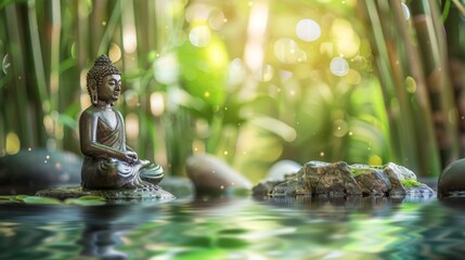 buddha statue on rock in bamboo forest , buddha statue on rock with blurred bamboo background