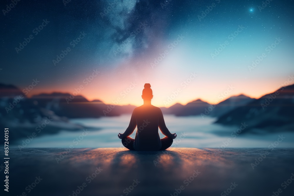 Silhouette of a person meditating on a mountain top during a ...