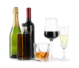 Poster - Bottles and glasses with different alcoholic drinks isolated on white
