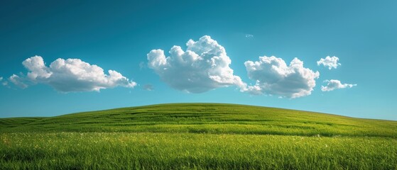 Clear sky with a few fluffy white clouds over a rolling green meadow, perfect for a peaceful and idyllic countryside scene, Photography, taken with a 35mm lens,