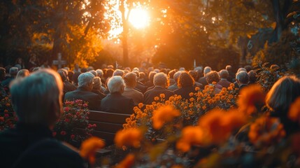 A solemn gathering of people at a funeral service in a cemetery during autumn, with sunlight filtering through trees. 