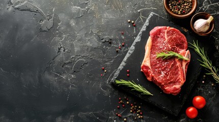 Poster - Preparing Rib Eye Steak on Stone Background for Cooking Grilling Top View Copy Space