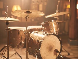 Vintage drum kit in a 1950s jazz club, smoky atmosphere, warm spotlight, closeup shot, sepia tones, nostalgic charm