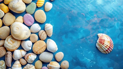 Poster - Summer themed seashell on colorful pebbles with text space on blue sea background template