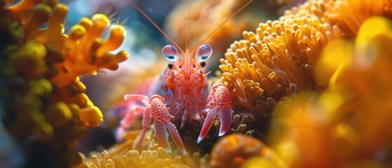 Close-up of a shrimp hiding in a coral reef underwater