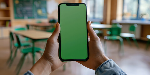 Student teacher hand holding isolated smartphone device in the classroom with blank empty white screen