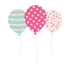 Three balloons with pink polka dots and sprinkles. The balloons are connected by a string. The balloons are colorful and festive, suggesting a celebration or party