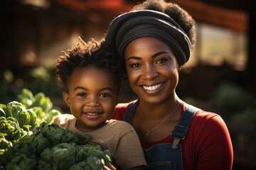 Wall Mural - Mother and Child in a vegetable garden, enjoying quality time surrounded