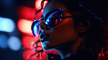 generated illustration close-up portrait of a young girl wearing glasses in neon light.