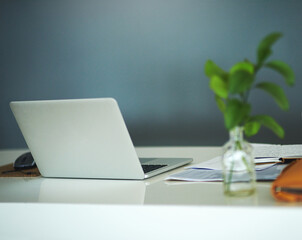 Poster - Computer, plant on table and empty home for remote work, internet and research. Laptop, documents on desk and grey wall in office with paper for freelance, email and technology for interior of room