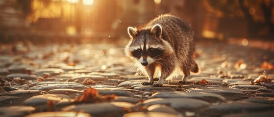 A raccoon walks along a stone path in the evening sun. AI.