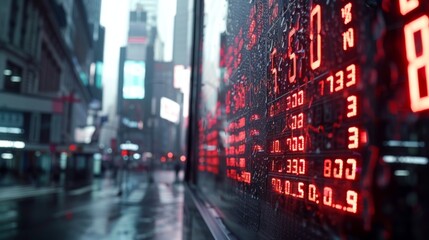 Fototapete - A stock market ticker board displaying scrolling stock prices and market indices in a busy financial district.
