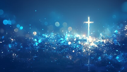 Wall Mural - A white cross on the left side of an abstract dark blue background with bokeh lights, representing religious elements, suitable for online or print marketing materials