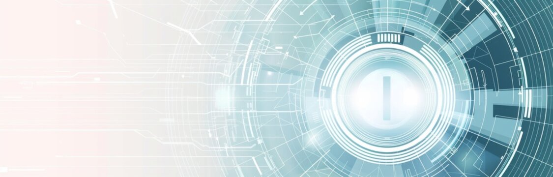 Abstract futuristic technology background with digital lines and circles, using a blue gradient color scheme. A white geometric pattern is shown with light gray and cyan tones
