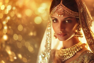 Wall Mural - Traditional Indian bride adorned in elegant gold jewelry with a glowing bokeh background.