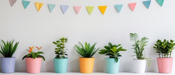 Collection of potted plants with colorful flags, 8k uhd, crisp white background, ample room for text