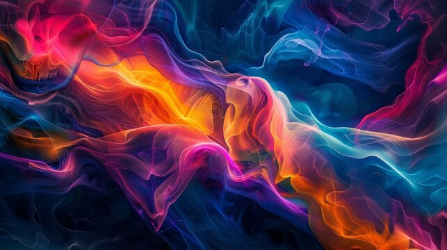 Energetic Flow, Colorful Abstract Waves on Dark Background.