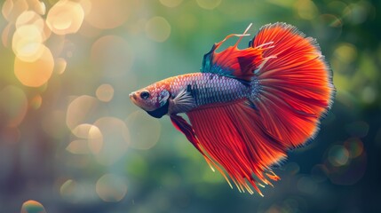 Poster - A vibrant Betta fish swimming gracefully in a clear aquarium, showcasing its colorful fins and patterns.