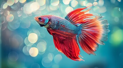 Poster - A vibrant Betta fish swimming gracefully in a clear aquarium, showcasing its colorful fins and patterns.