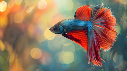 Poster - A vibrant Betta fish swimming gracefully in a clear aquarium, showcasing its colorful fins and patterns.