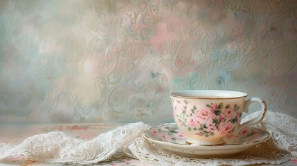 A vintage teacup and saucer with delicate floral patterns, placed on a lace doily against a backdrop of soft, subdued pastel colors, creating a scene of timeless elegance.