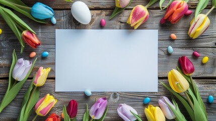 Wall Mural - top view of beautiful easter eggs on table with a blank paper in center for text