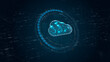 © lersan - Blue digital cloud computing logo and circle futuristic HUD elements with flowing arrows storage big data backup concepts on abstract background