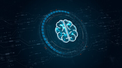 Poster - Blue digital robot brain logo and circle futuristic HUD elements with flowing arrows with Ai chatbot and machine learning technology and ai assistance concepts on abstract background