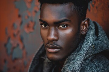 Wall Mural - Serious young male model posing in front of a red and gray wall