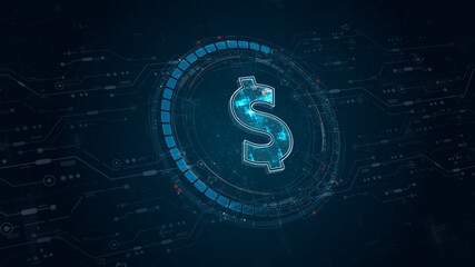 Poster - Blue digital money logo with rotation HUD UI circle technology interface and futuristic elements abstract background crypto currency finance and digital money concepts