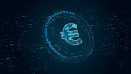Poster - Blue digital money logo with rotation HUD UI circle technology interface and futuristic elements abstract background crypto currency finance and digital money concepts