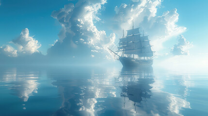 Classic ship sails through misty, calm waters under a vibrant blue sky, creating a dreamy and ethereal nautical landscape.