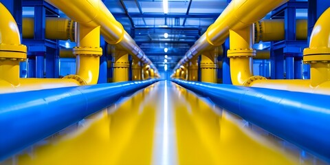 Wall Mural - Complex network of yellow and blue pipelines in industrial facility promotes efficiency. Concept Industrial Efficiency, Pipeline Network, Yellow and Blue, Complex Infrastructure, Industrial Facility