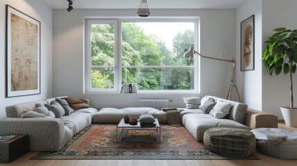 Wall Mural - Modern living room with a large window overlooking greenery, a sectional sofa with various cushions, a patterned area rug, a wooden coffee table, a floor lamp with a white shade